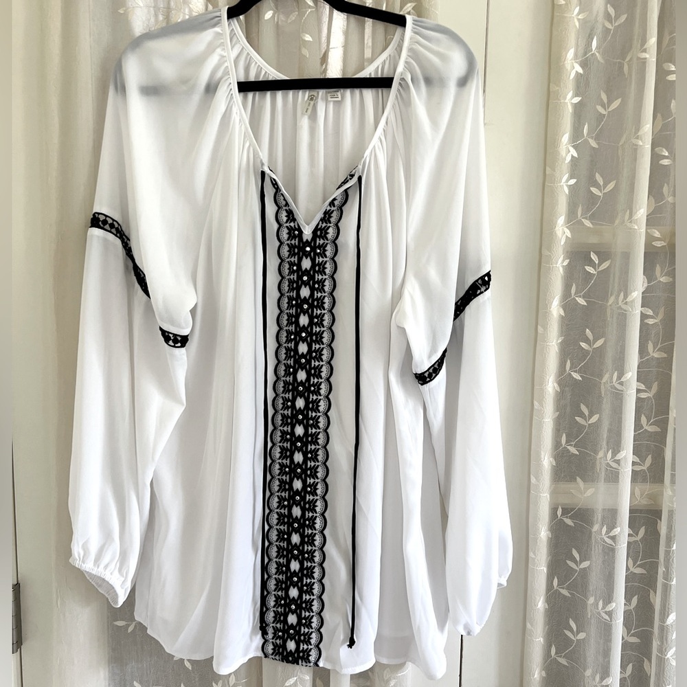 Cato, long sleeve white chiffon blouse with black detailing balloon sleeves